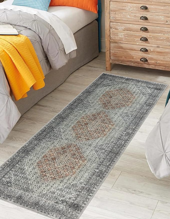 Keen Home Design 2x12 Rug - Machine Washable Runner Rug with Non-Slip Backing, Ideal for Hallway, Entryway, Kitchen, Laundry Room - Vintage, Easy Clean, Durable, Low Pile - (2'6" x 12')