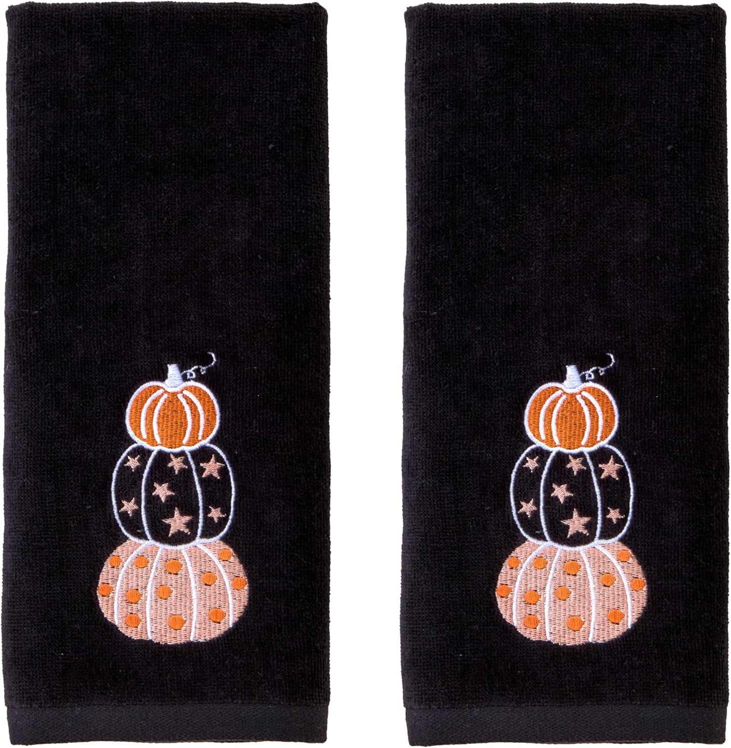 SKL Home Halloween Stacked Pumpkins 100% Cotton Embroidered 2pc Hand Towel Set, Decorative for Bath/Kitchen/Bar & Gift, Black