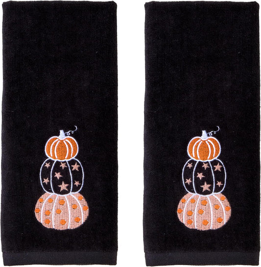 SKL Home Halloween Stacked Pumpkins 100% Cotton Embroidered 2pc Hand Towel Set, Decorative for Bath/Kitchen/Bar & Gift, Black