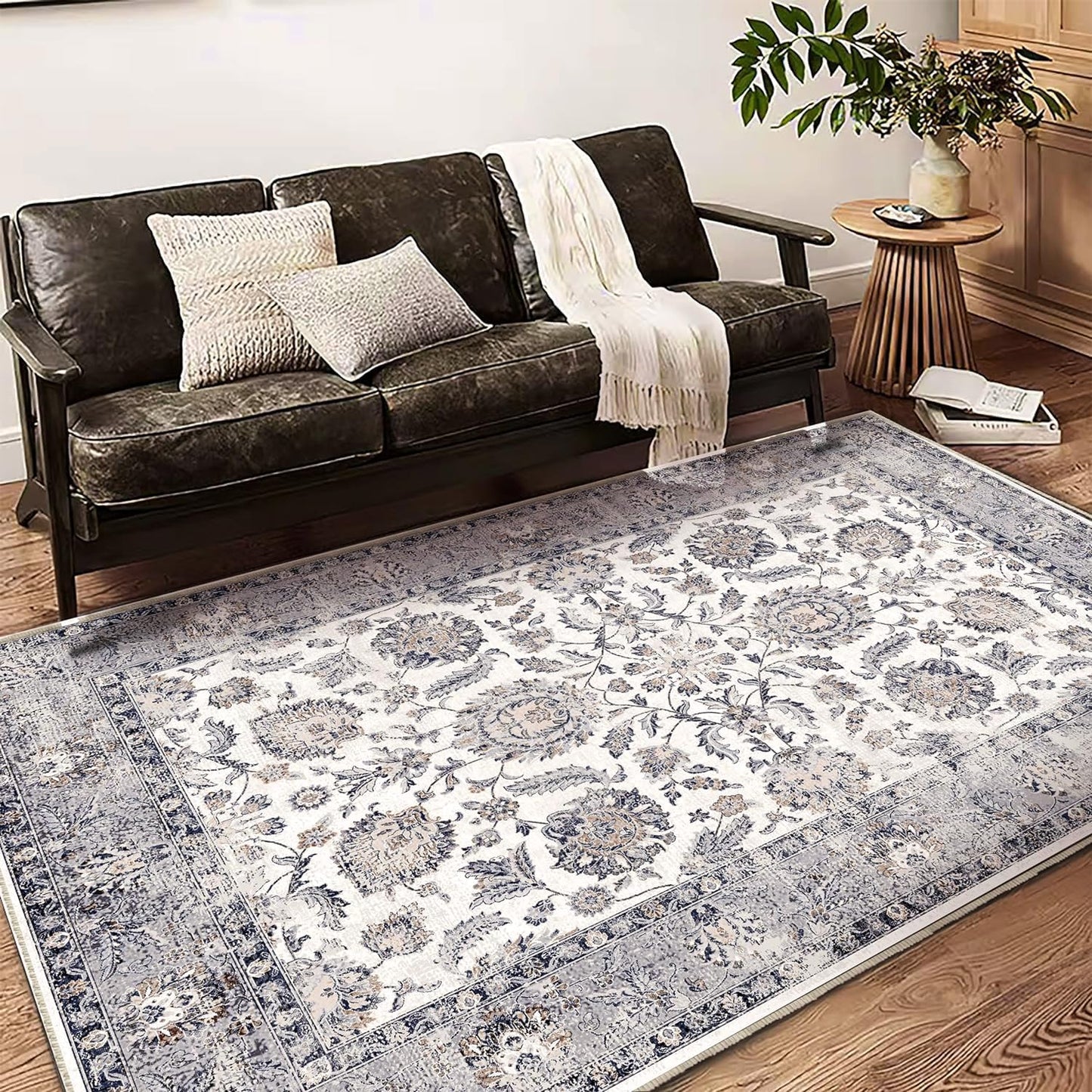 Washable Area Rug 5x7 Retro Boho Chic Medallion Distressed Design Living Room Indoor Non-Slip Large Oriental Accent Throw Rug for Kitchen Bedroom Office Carpet