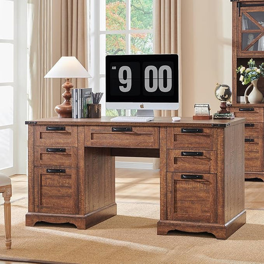 RedLemon 60" Farmhouse Executive Desk with Drawers, Wood Home Office Desk w/Charging Station, Keyboard Tray, File Drawer, Storage Cabinet, Rustic Computer Writing Desk (Reclaimed Barnwood)