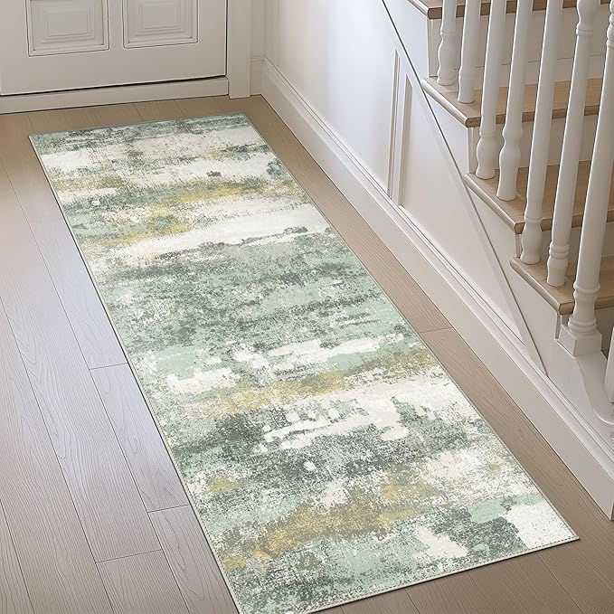 Runner Rug for Hallway Kitchen, 2x10 Machine Washable Runners Rug for Entryway, Light Green Soft Modern Abstract Throw Rugs, Low Pile Floor Carpet with Non Slip Backing