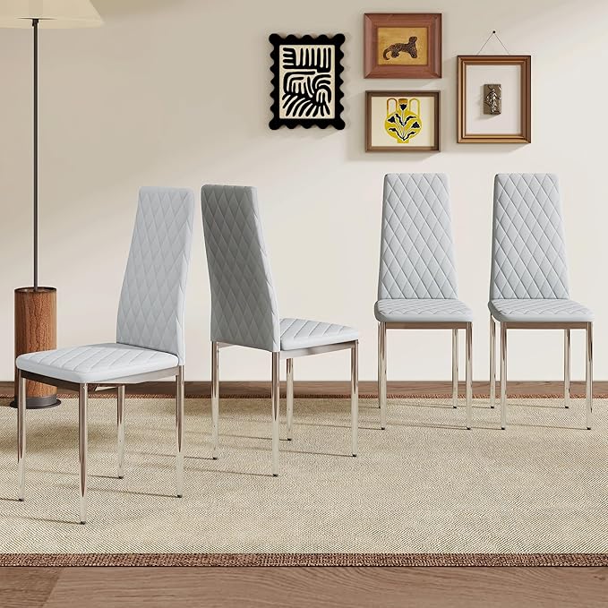 JT Modern Minimalist Dining Chair Fireproof Leather Sprayed Metal Pipe Diamond Grid Pattern Restaurant Home Conference Chair Set of 4 Or 6 (4, Gray Brown)