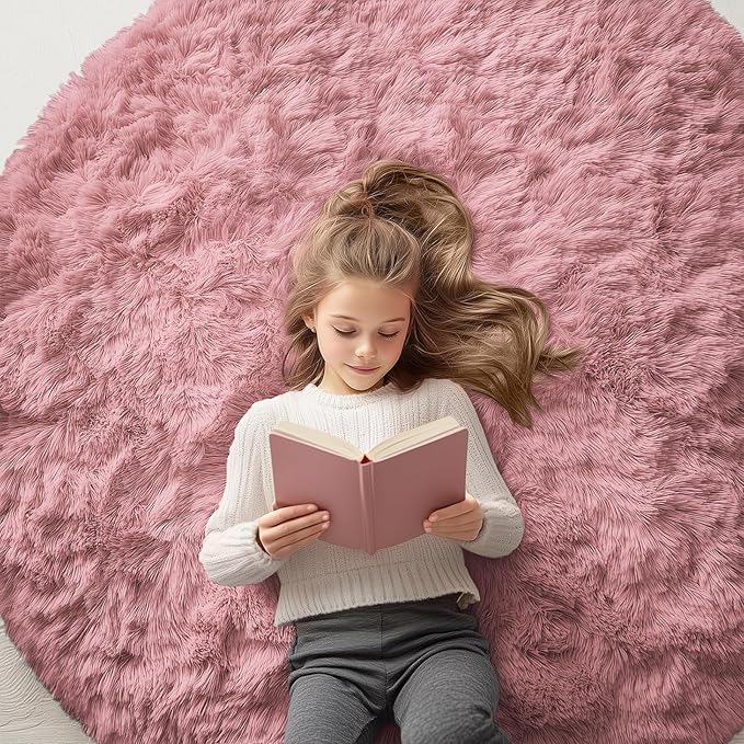 OLANLY Pale Pink Round Rugs for Bedroom - Machine Washable, 5 ft Circle Area Rugs for Living Room, Soft and Fluffy Shaggy Carpet for Teen Girls and Boys, Nursery Rooms, Dorms, Home Decor Aesthetic