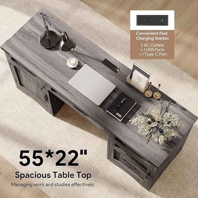Farmhouse Executive Desk with Drawers, 55" Home Office Desks with Fast Charging Station, Lockable File Cabinet, Wood Writing Computer Desk for Work, Study, Grey