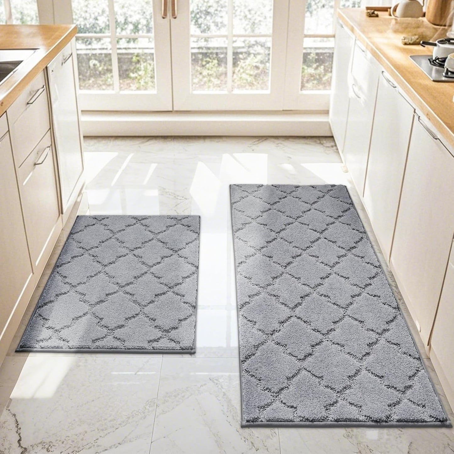 JSEI Kitchen Rugs, Non-Slip Kitchen Mats for Floor, Soft Washable Absorbent Kitchen Mats 2 Pieces, Kitchen Carpet Runner with TPR Backing, Polyester, 20”x32”+20”x48”, Light Grey