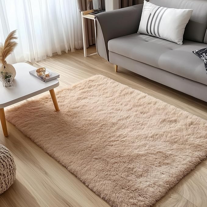 OLANLY 3x5 Machine Washable Small Bedside Rug, Soft Fluffy Shaggy Rugs for Living Room, Bedroom, Indoor Floor Carpet for Kids Girls and Boys, Preppy Dorms, Nursery, Home Decor Aesthetic, Beige