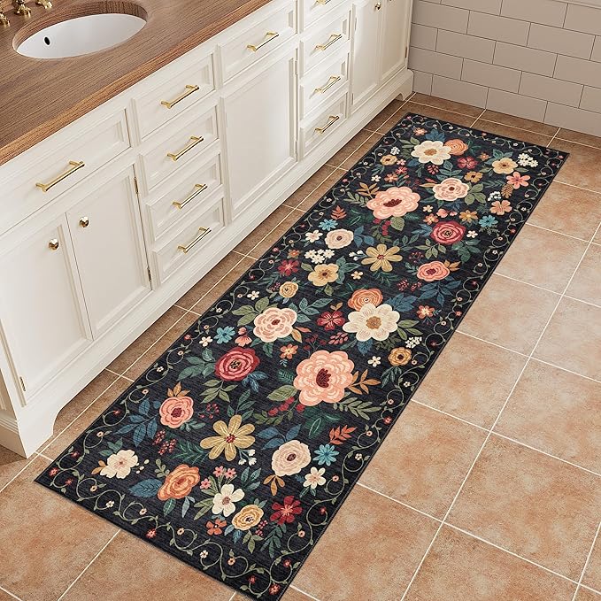 DUKINO 2x5 Runner Rug for Hallway, Washable Kitchen Floral Runner Rug with Non Slip Backing, Low Pile Soft Boho Carpet for Kitchen, Hallway, Entryway, Laundry, Bedroom, Black