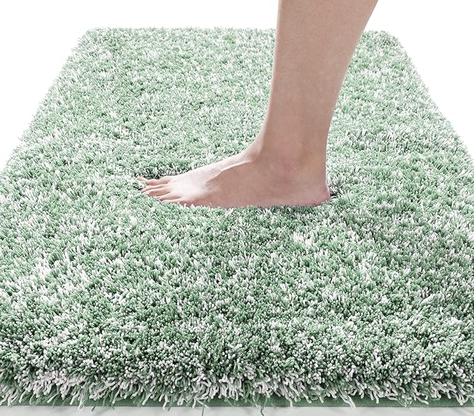 Yimobra Luxury Bathroom Rugs, Fluffy Bath Mats, Non Slip, Water Absorbent Microfiber, Machine Washable, Plush Runner Shower Rugs, Thick Matts for Bathroom Floor&Tub, 56"x 24", Light Green and White