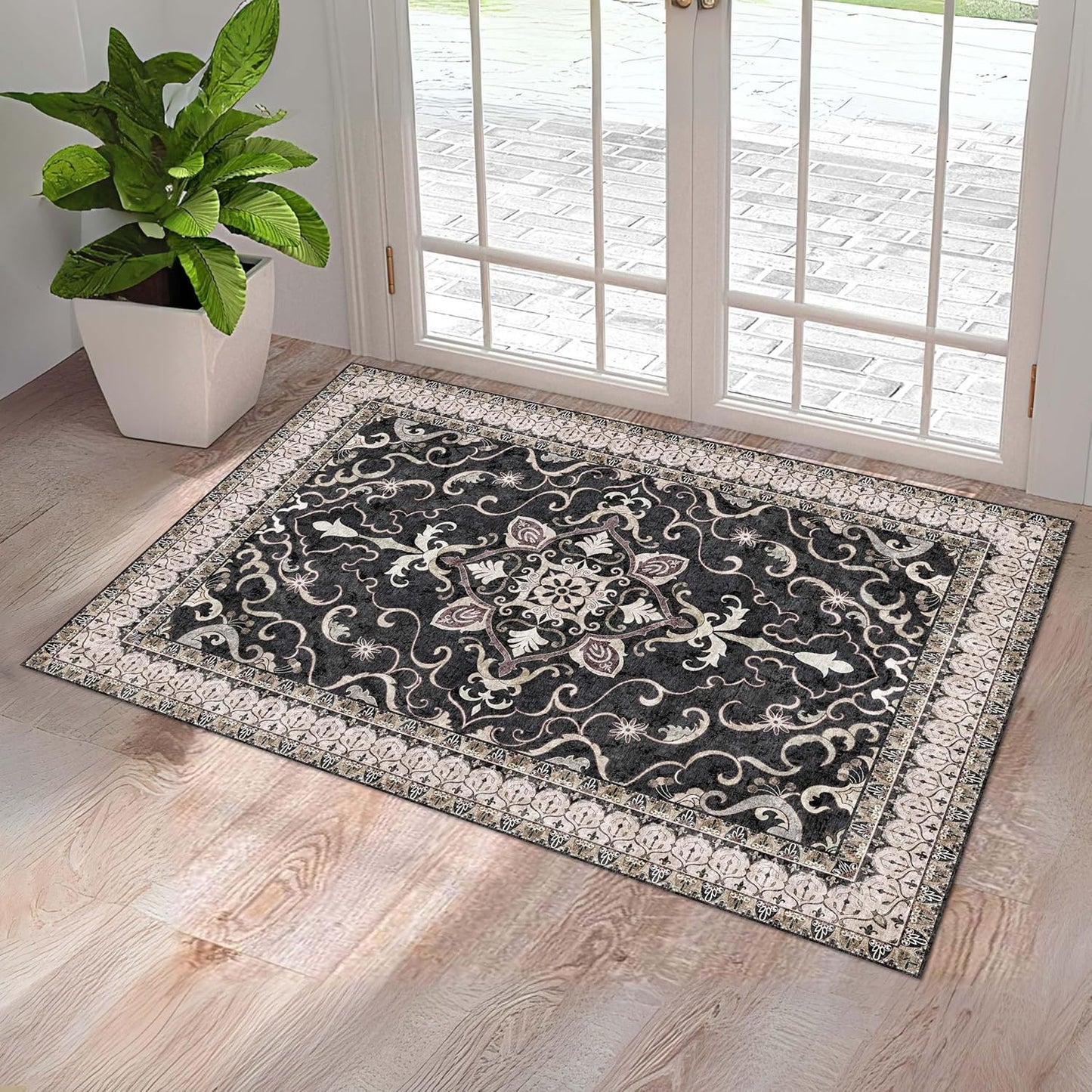 Washable Entryway Rug 3x5 | Non Slip Rug Runners for Hallways, Entryways, Kitchens, Bathrooms, Bedrooms | Ultra-Soft Flannel Carpet Kitchen Rug with Rubber Backing (Black Cream, 3x5)