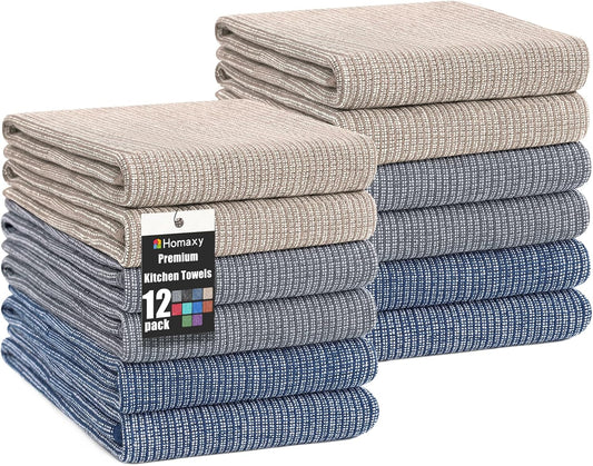 Homaxy Premium Kitchen Towels(18”x 28”, 12 Pack), Large Cotton Kitchen Hand Towels, Flat and Terry Dish Towels, 380 GSM Highly Absorbent Tea Towel Set with Hanging Loop, Multicolor