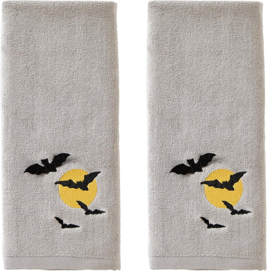SKL Home Halloween Full Moon Flight 100% Cotton Embroidered 2pc Hand Towel Set, Decorative 3D for Bath/Kitchen/Bar & Gift, Gray