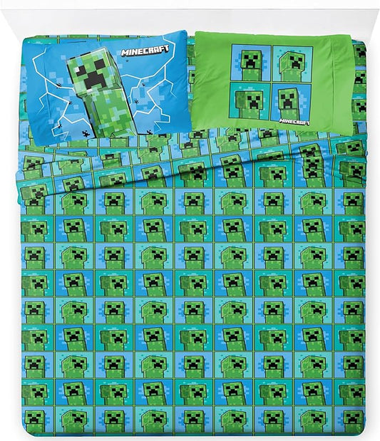 Jay Franco Kids Sheet Set with Fitted, Flat Sheets & Pillow Cover - Ultra-Soft Bedding with Pillowcase for Room Decor, Blue - Minecraft Creeper, 4 Piece Queen