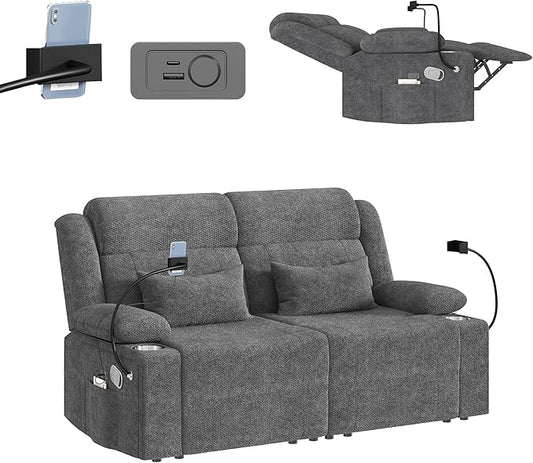Home Theater Seating，RV Reclining Sofa Set with Adjustable Headrest， Recliner Sofa with Heat and USB&Type-C, Dawer & Cup Holders, 150° Recline for RV & Living Room(Loveseat Grey)
