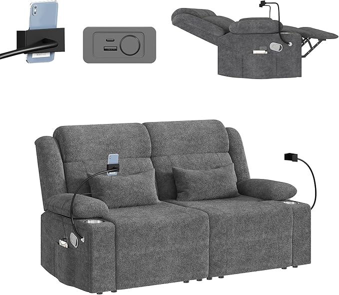 Home Theater Seating，RV Reclining Sofa Set with Adjustable Headrest， Recliner Sofa with Heat and USB&Type-C, Dawer & Cup Holders, 150° Recline for RV & Living Room(Loveseat Grey)
