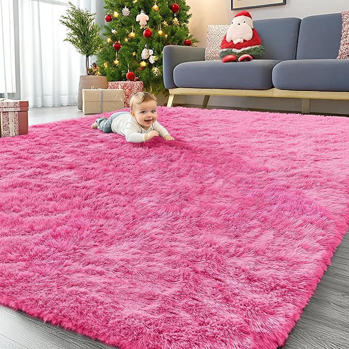 OLANLY 9x12 Machine Washable Large Area Rugs for Living Room, Bedroom, Soft Fluffy Shaggy Bedside Rug, Indoor Floor Carpet for Kids Girls and Boys, Dorms, Nursery, Home Decor Aesthetic, Hot Pink