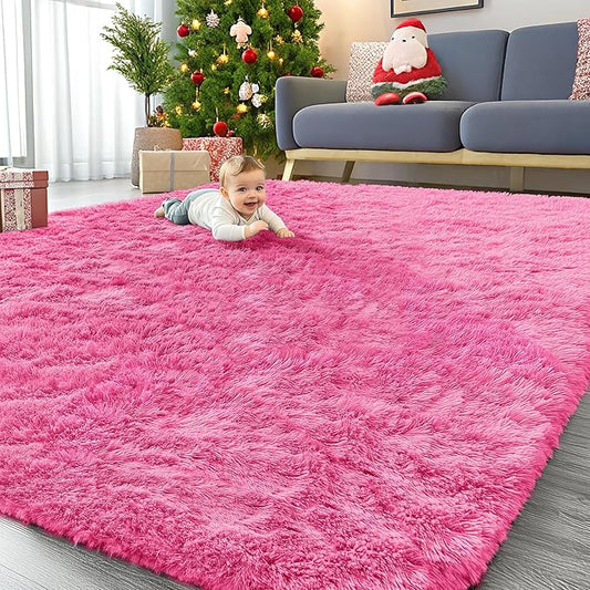 OLANLY 9x12 Machine Washable Large Area Rugs for Living Room, Bedroom, Soft Fluffy Shaggy Bedside Rug, Indoor Floor Carpet for Kids Girls and Boys, Dorms, Nursery, Home Decor Aesthetic, Hot Pink