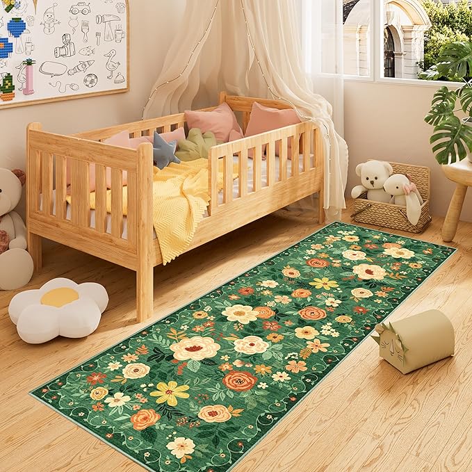 DUKINO 2x6 Runner Rug for Hallway, Washable Kitchen Runner Rug with Non Slip Backing, Low Pile Soft Boho Floral Runner for Kitchen, Hallway, Entryway, Laundry, Bedroom, Dark Green