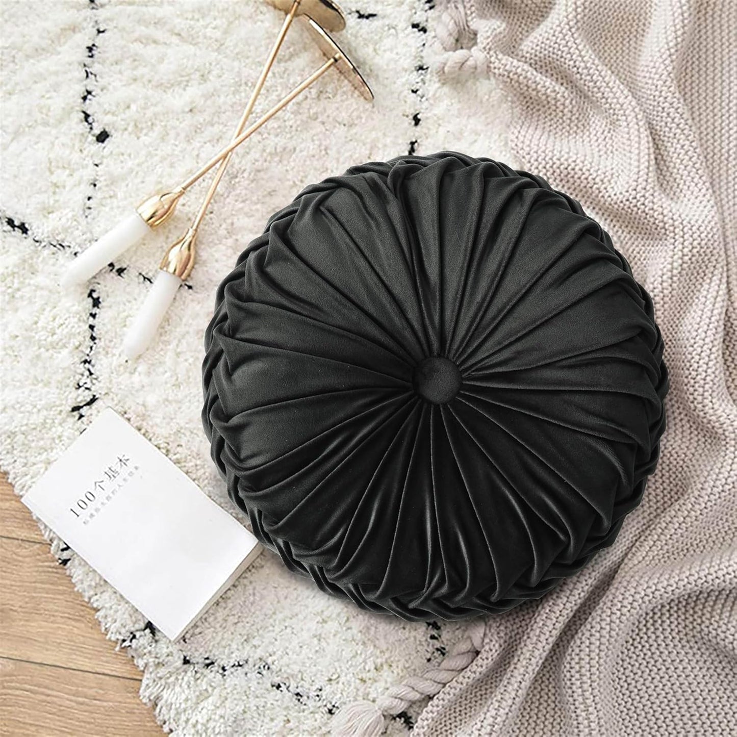 HIG Set of 2 Decorative Round Pleated Throw Pillows, Classy Accent Pumpkin Throw Pillows with Center Button, Vintage Velvet Floor Pillows for Sofa Vanity Chair Bed, Black, 14.5" Diameter(Ripple)