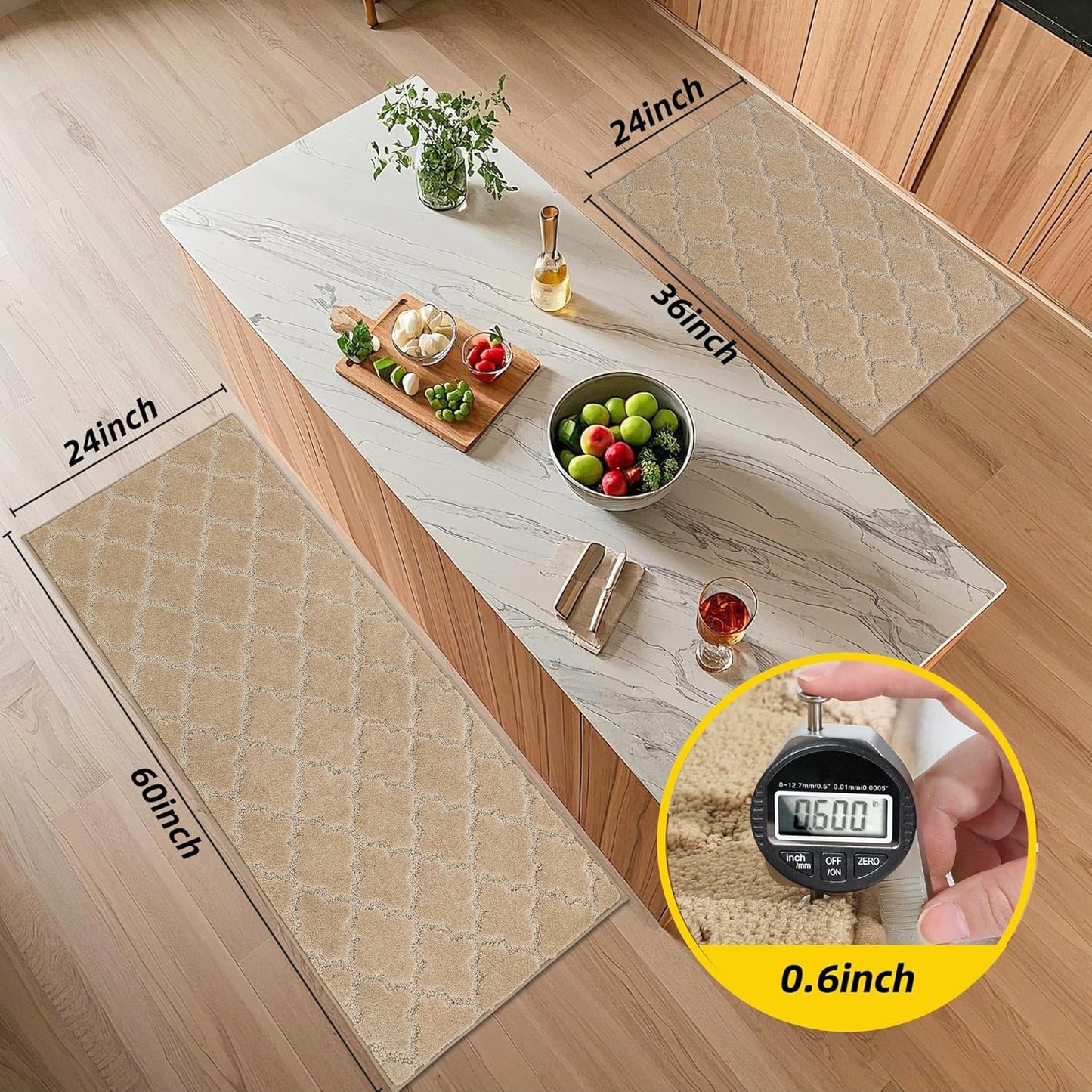 JSEI Kitchen Rugs, Non-Slip Kitchen Mats for Floor, Soft Washable Absorbent Kitchen Mats 2 Pieces, Kitchen Carpet Runner with TPR Backing, Polyester, 24”x36”+24”x60”, Beige