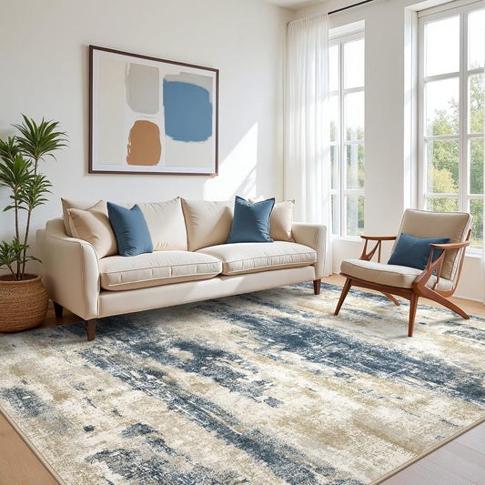 Area Rugs 10x14 for Living Room Bedroom, Modern Abstract Machine Washable Rug, Large Soft Low Pile Floor Cover with Non Slip Backing for Dining Room, Blue Beige