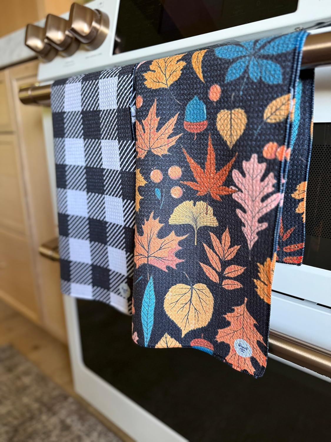 2 Pack || Double Sided|| Not Your Ordinary Kitchen Towels || Dish Towels || Quick Dry || Waffle Weave Microfiber || Designer Prints || Highly Absorbent || Hanging Hook (Fall Leaves Black)