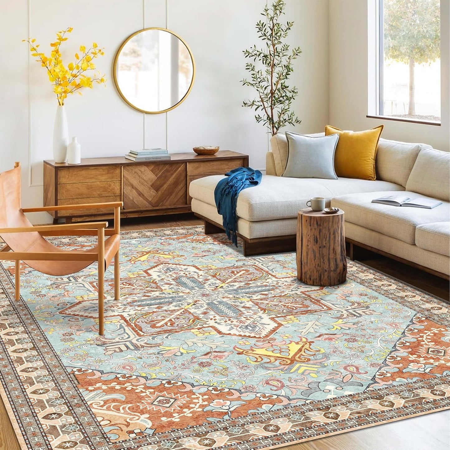 Washable Area Rug 5x8 | Non Slip Area Rug for Living Room, Bedrooms, Dining Room | Ultra-Soft Flannel Carpet Area with Rubber Backing (Light Teal/Rust, 5x8)