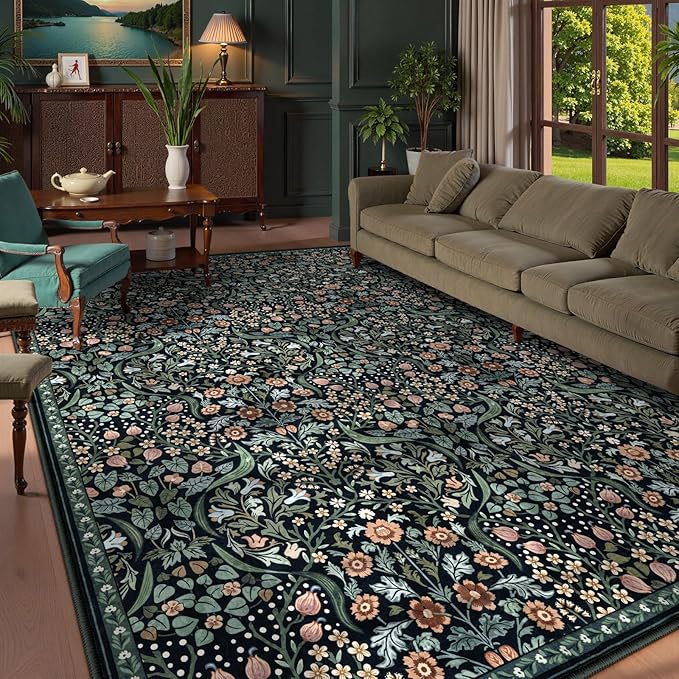 Lahome Floral 9x12 Black Rug for Living Room, Boho Thin Stain Resistant Dining Room Rugs for Under Table, Soft Carpet with Rubber Backing for Guestroom
