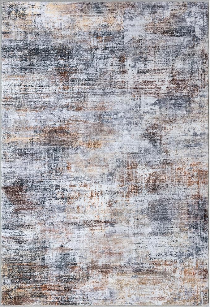 IOHOUZE Abstract Area Rugs 5x7 Ft Washable Rugs for Living Room, Non Slip Dining Room Rug, Printed Faux Wool Rugs for Bedroom, Floor Carpet for Office Nursery Playroom, Orange Grey