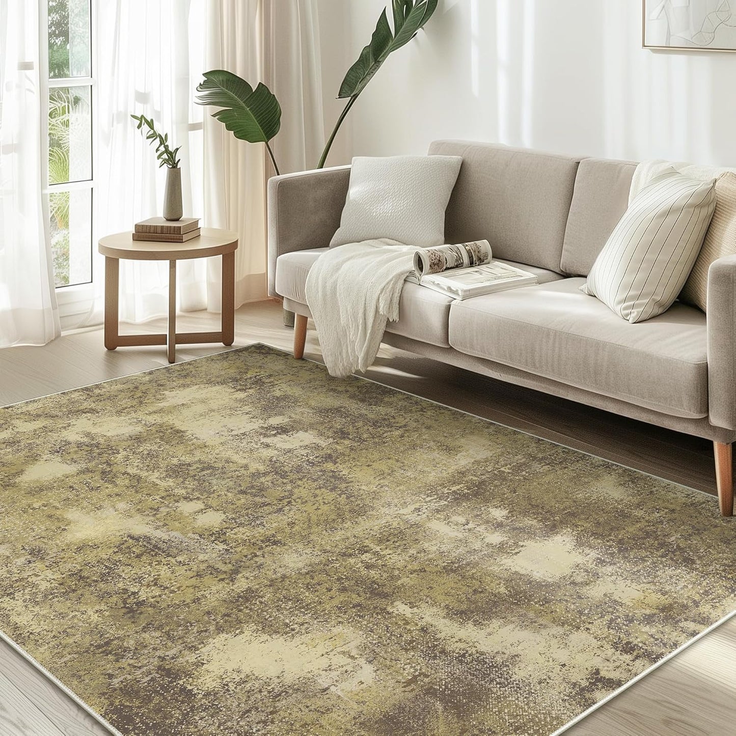 Area Rugs 8x10 for Living Room Bedroom, Modern Abstract Machine Washable Rug, Large Soft Low Pile Floor Carpet with Non Slip Backing for Dining Room, Amber Brown