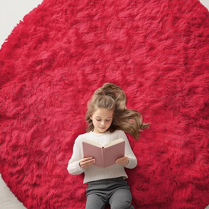 OLANLY Red Round Rugs for Bedroom - Machine Washable, 7 ft Circle Area Rugs for Living Room, Soft and Fluffy Shaggy Carpet for Teen Girls and Boys, Nursery Rooms, Dorms, Home Decor Aesthetic