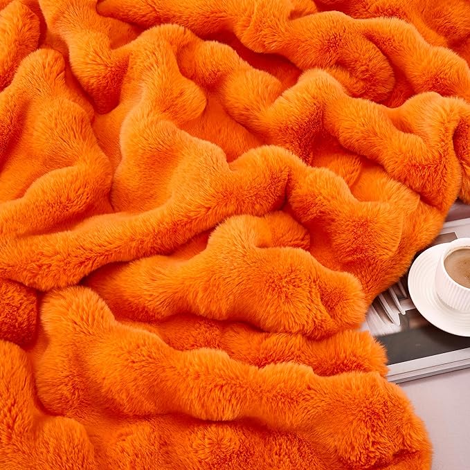 JONIYEAR Solid Fall Oversized Fuzzy Bubble Faux Rabbit Fur Throw Blanket for Bed 60" x 70", Decorative Puffy Warm Fuzzy Blanket for Winter, Thick Shaggy Cozy Furry Blankets for Adult,Twin Size, Orange