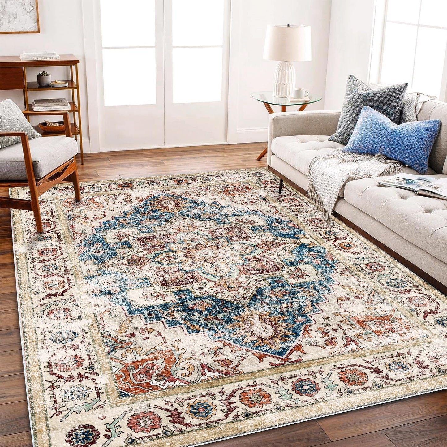 Beige Blue Washable Area Rug 8'x10' Boho Chic Medallion Distressed Design Non-Shedding Easy Care Ideal for High Traffic Areas in Living Room Bedroom Office Coffee Table Large Carpet
