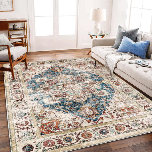 Beige Blue Washable Area Rug 8'x10' Boho Chic Medallion Distressed Design Non-Shedding Easy Care Ideal for High Traffic Areas in Living Room Bedroom Office Coffee Table Large Carpet