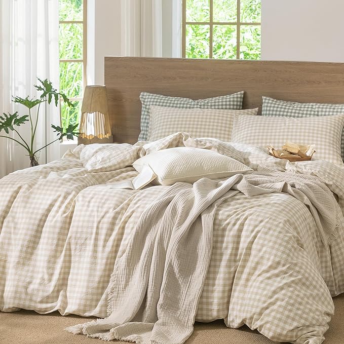 MooMee Gingham Duvet Cover Set 100% Washed Cotton Linen Like Textured Breathable Durable Soft Comfy Modern Checkered Design (Almond Milk Grey Gingham, Super King 108"x98")