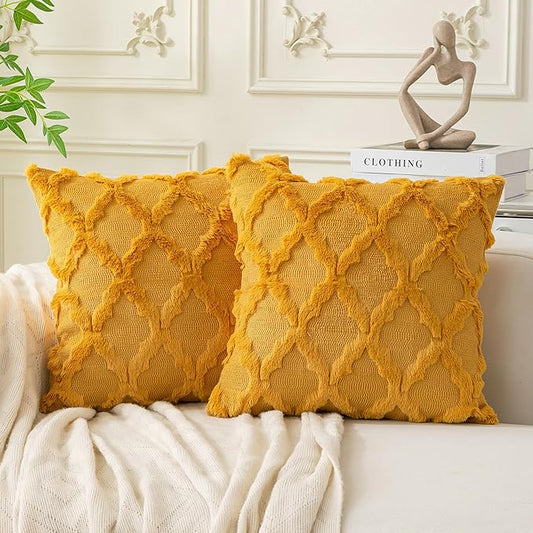 Set of 2 Soft Moroccan Throw Pillow Covers 22x22 Inch Plush Boho Decorative Pillow Cover Accent Cushion Case for Couch Sofa Bed, Mustard Yellow