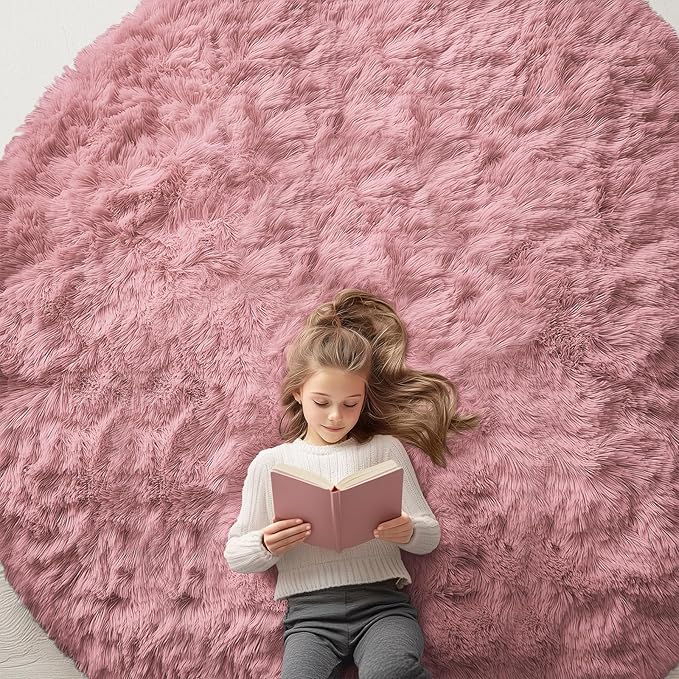 OLANLY Pale Pink Round Rugs for Bedroom - Machine Washable, 8 ft Circle Area Rugs for Living Room, Soft and Fluffy Shaggy Carpet for Teen Girls and Boys, Nursery Rooms, Dorms, Home Decor Aesthetic
