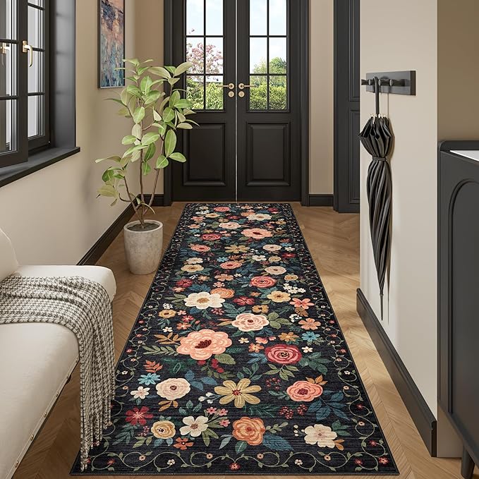DUKINO Runner Rug, 2x10 Kitchen Runner Rug for Hallway with Non Slip Backing, Washable Low Pile Soft Boho Floral Carpet for Kitchen, Entryway, Hallway, Laundry, Bedroom, Black