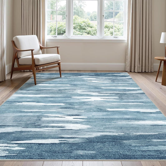 Area Rugs 8x10 Machine Washable Rug for Bedroom Living Room Dining Room, Large Modern Abstract Soft Rugs, Indoor Low Pile Carpet with Non Slip Rubber Backing, Glacial Blue