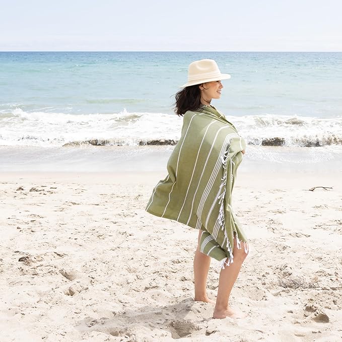 WETCAT Turkish Beach Towel Oversized (38"x71") 100% Turkish Cotton, Made in Turkey - Sand Free, Extra Large, Ultra Soft, Quick Drying, Compact & Lightweight for Travel - Sage Green