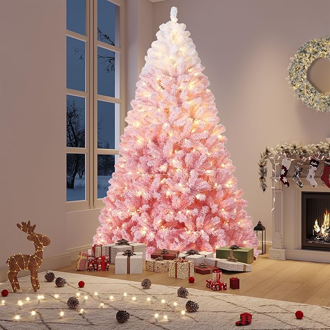 GarveeHome Pink Christmas Tree, 6ft Snow Flocked Artificial Christmas Tree with LED Warm White Lights & Metal Stand, Prelit Xmas Holiday Decoration for Home, Office, Party