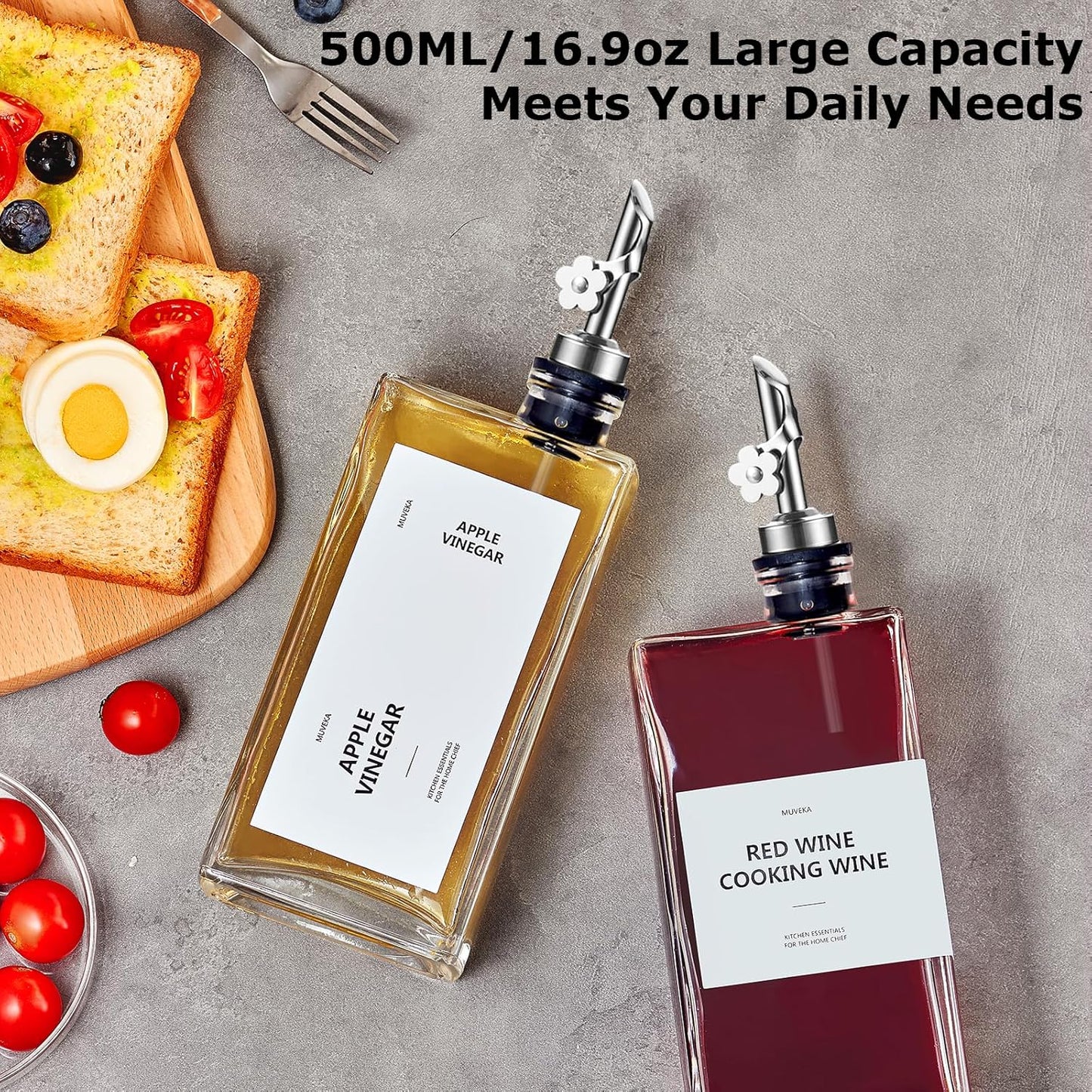 Olive Oil Dispenser Bottle for Kitchen, 16.9 oz/ 500 ml Vinegar Dispenser, Cooking Oil Dispenser Set, Glass Cruet with Pourer Spouts for Vinegar, Coffee Syrup Dispenser