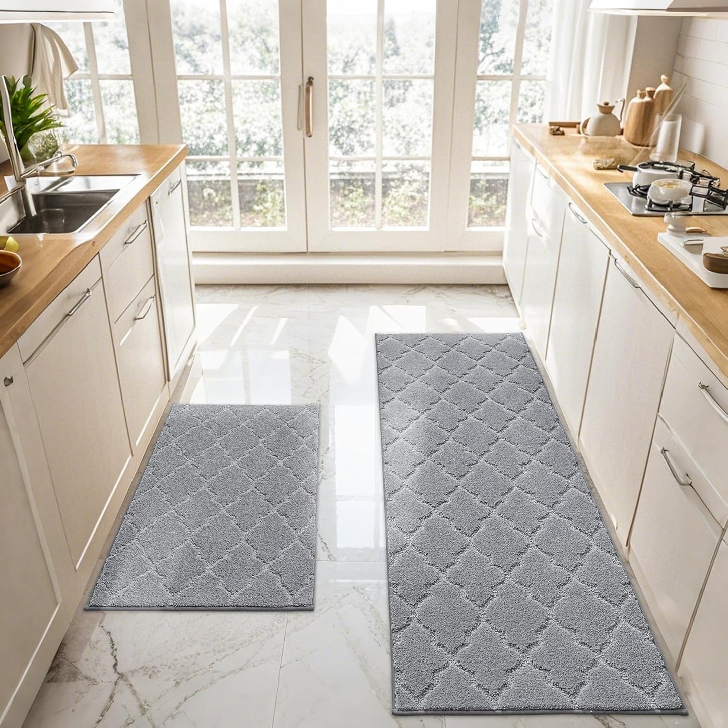 JSEI Kitchen Rugs, Non-Slip Kitchen Mats for Floor, Soft Washable Absorbent Kitchen Mats 2 Pieces, Kitchen Carpet Runner with TPR Backing, Polyester, 24”x36”+24”x60”, Light Grey