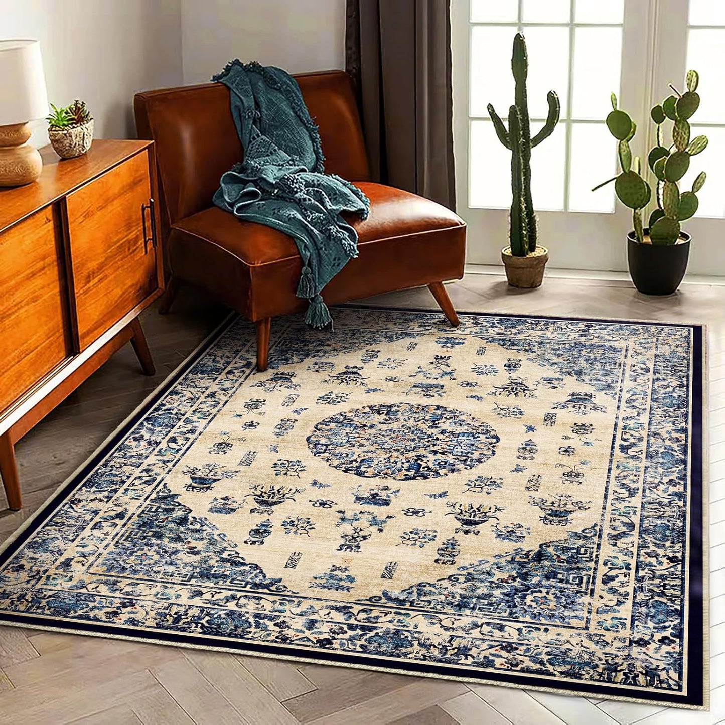Area Rug 6'x9' Washable Vintage Traditional Floor Cover Thin Retro Kitchen Indoor Distressed Non Slip Carpet for Living Room Bedroom Dining Room