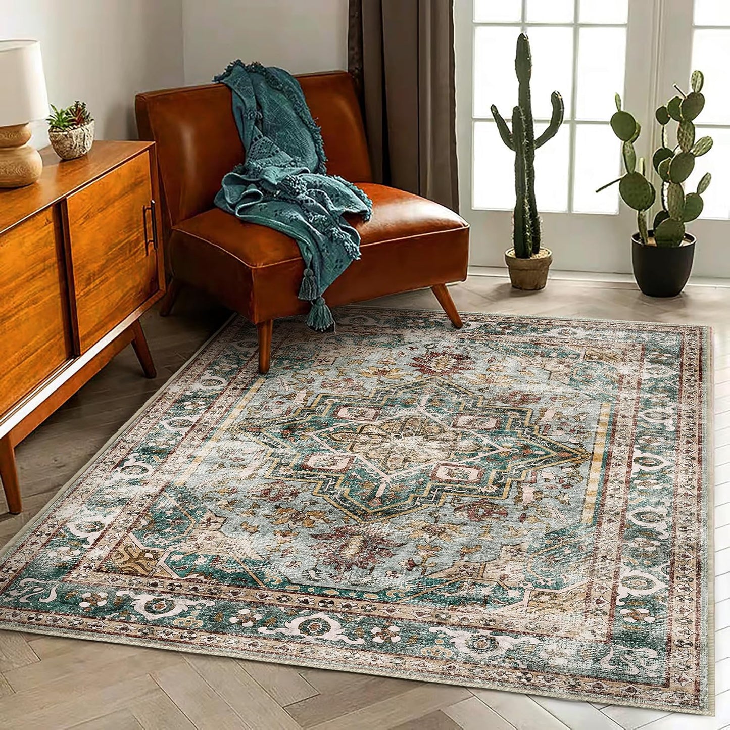 3'x5' Vintage Washable Thin Green Area Rug Tangerine Traditional Floor Cover Foldable Indoor Distressed Non Slip Carpet Floral Print Mat Bedroom Living Room Bathroom