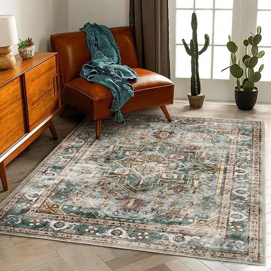 3'x5' Vintage Washable Thin Green Area Rug Tangerine Traditional Floor Cover Foldable Indoor Distressed Non Slip Carpet Floral Print Mat Bedroom Living Room Bathroom