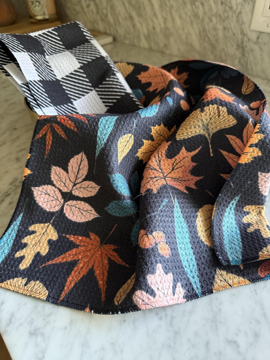 2 Pack || Double Sided|| Not Your Ordinary Kitchen Towels || Dish Towels || Quick Dry || Waffle Weave Microfiber || Designer Prints || Highly Absorbent || Hanging Hook (Fall Leaves Black)