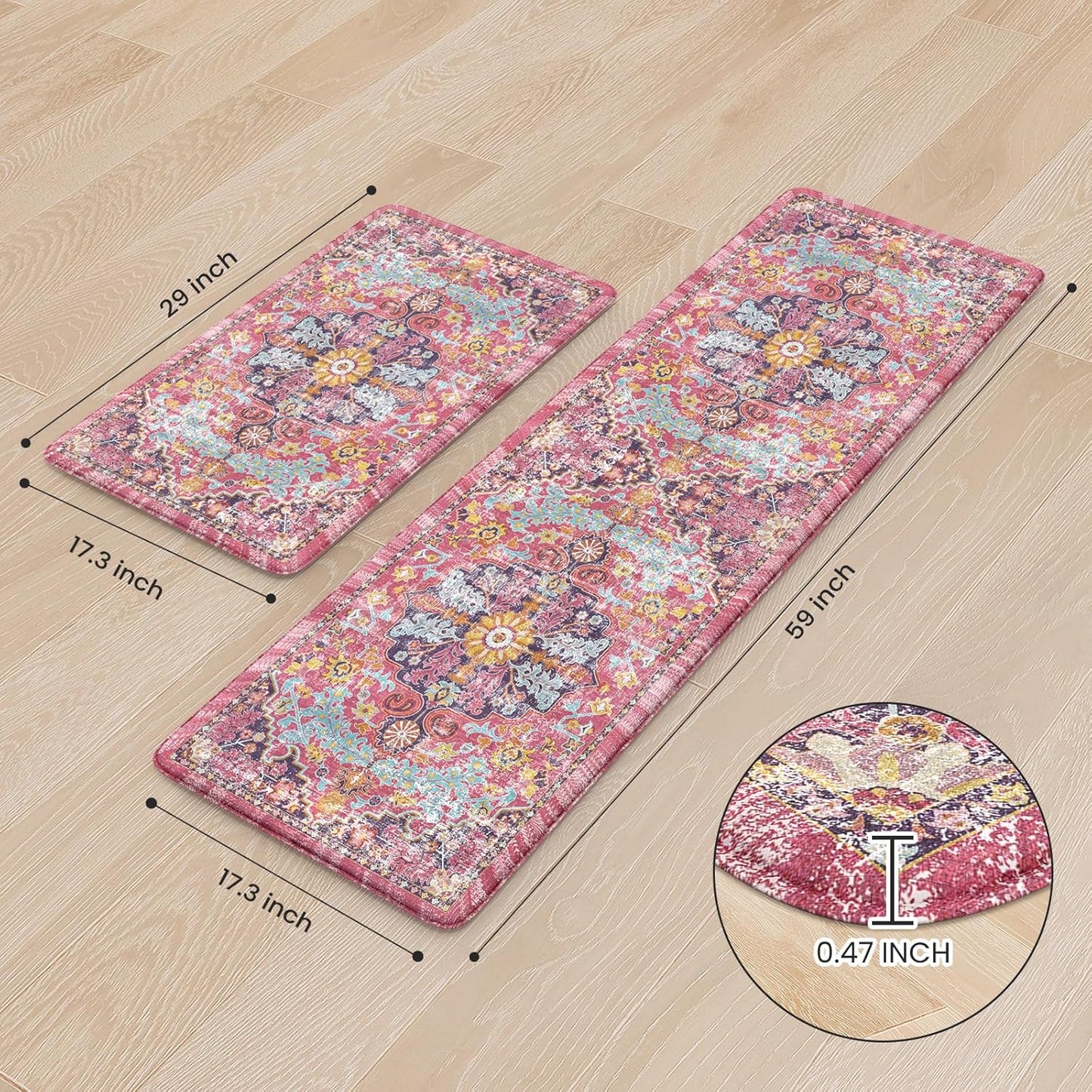 KIMODE Anti Fatigue Kitchen Mat, Cushioned Boho Kitchen Rugs Sets of 2, Non Slip Farmhouse Kitchen Mat for Floor, Waterproof Standing Desk Mat for Laundry, Office, Sink Fuchsia/Multi 17"x59"+17"x29"