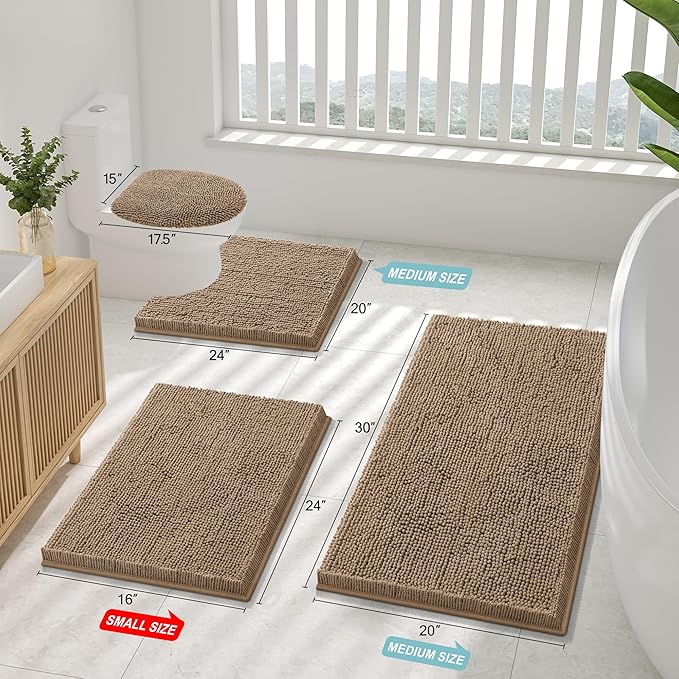 Smiry Luxury Chenille Bathroom Rugs 34x21, Extra Soft and Absorbent Shaggy Bath Mat, Machine Washable, Non-Slip Plush Carpet Runner for Tub, Shower, and Floor, Home Decor Accessories, Camel