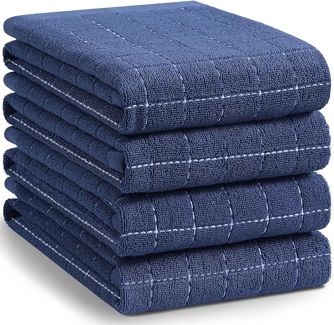 Homaxy 100% Cotton Terry Kitchen Towels(Navy Blue, 20 x 28 inches), Checkered Designed, Soft and Super Absorbent Dish Towels, Large 4 Pack